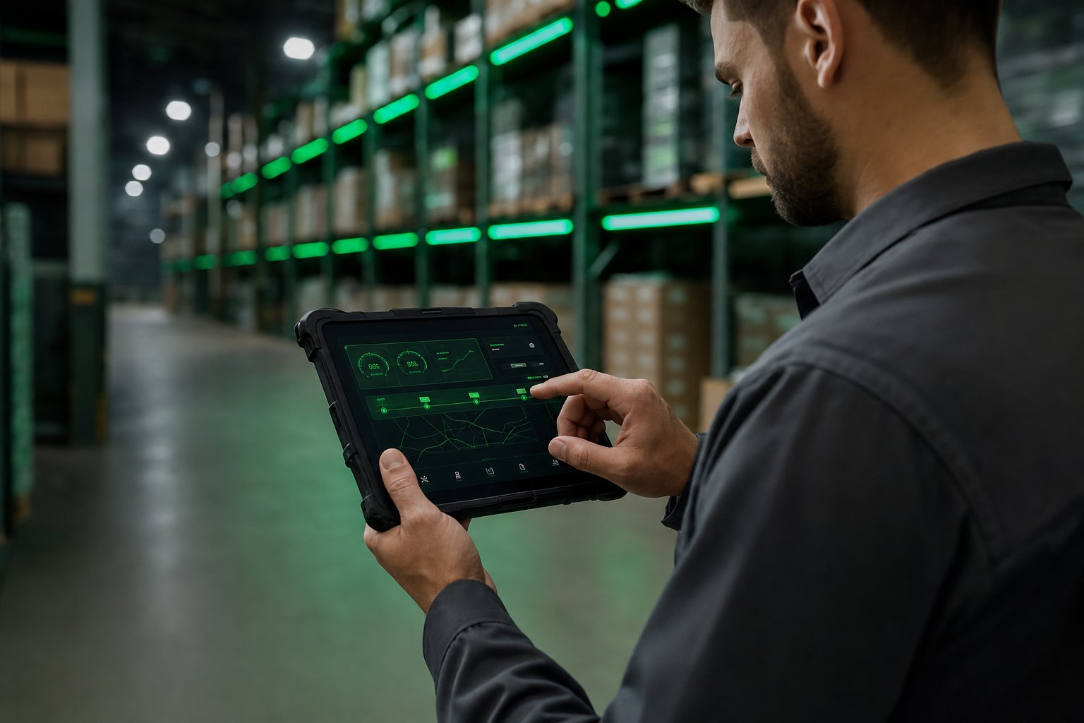 RK warehouse operator using a rugged tablet running the Innovation Center floor application